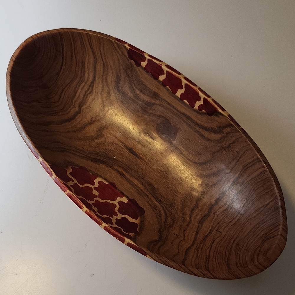 African Wood Oval Bowl with Animal Print Accents